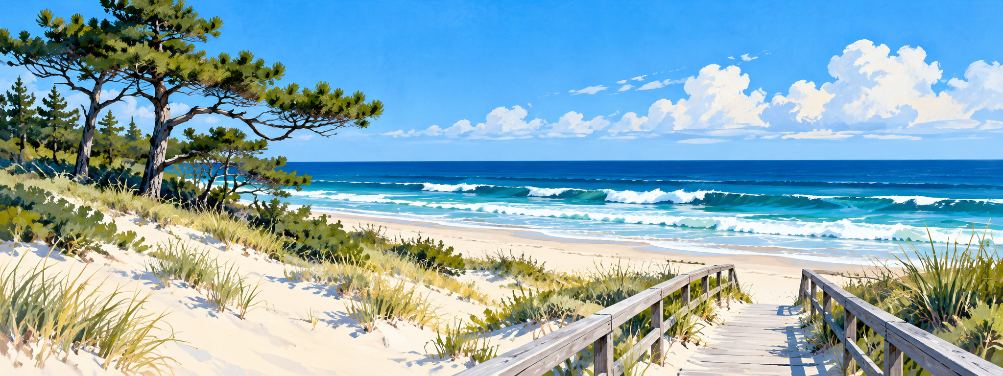 Illustration of a coastal boardwalk, dunes and ocean